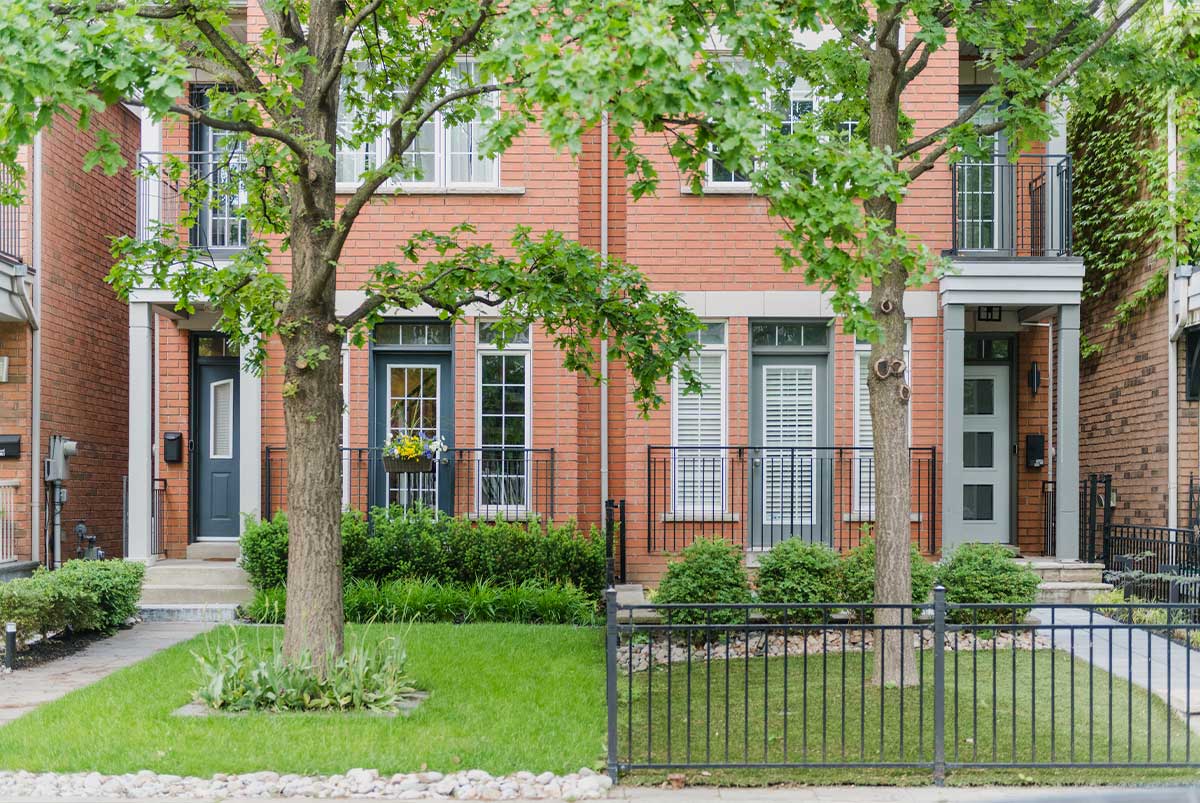 Exterior of townhomes showing front doors and trees in front yard