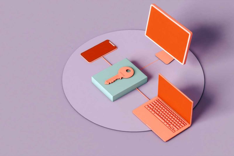 stylized laptop, monitor, smartphone and house key