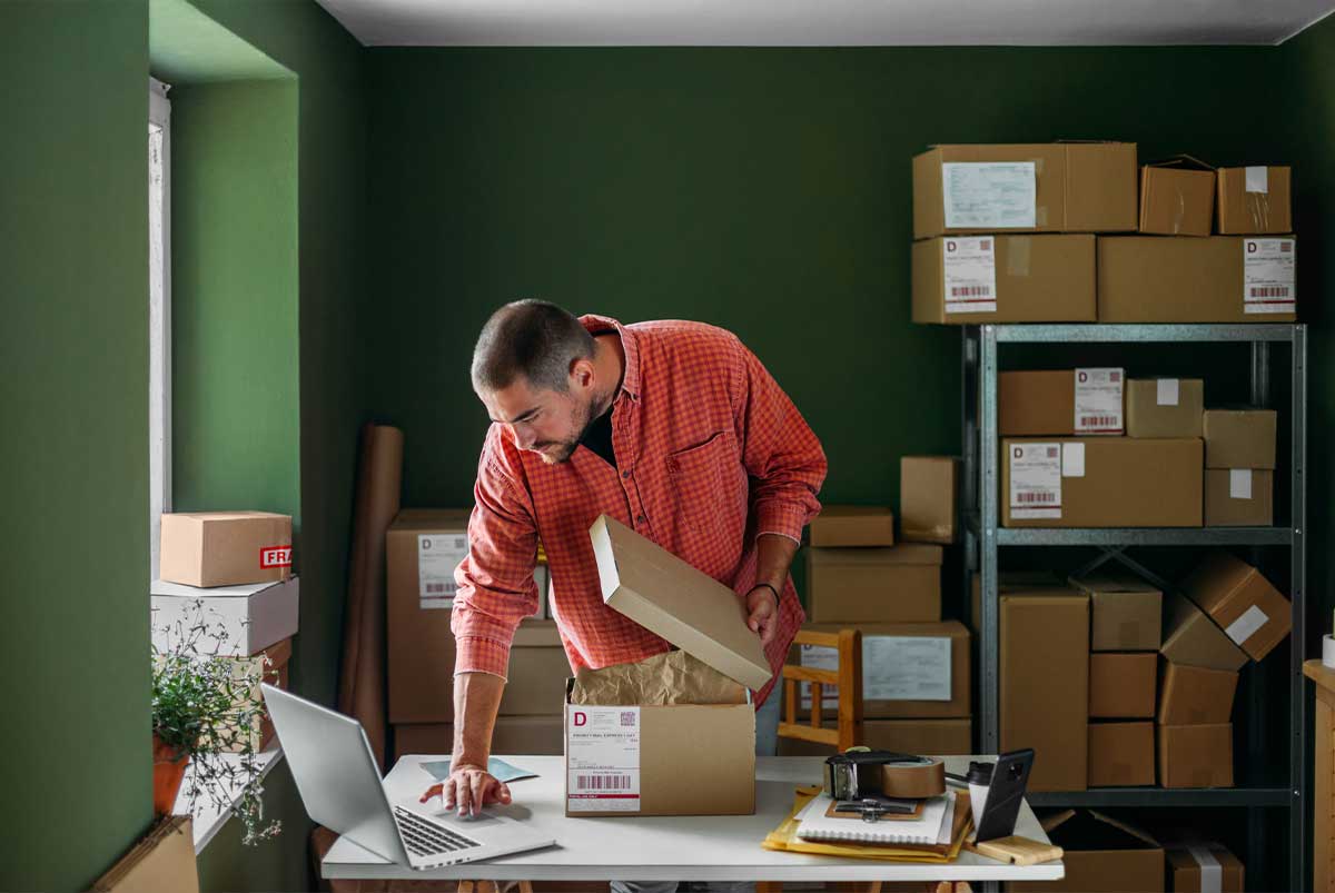 Man sorting through boxes