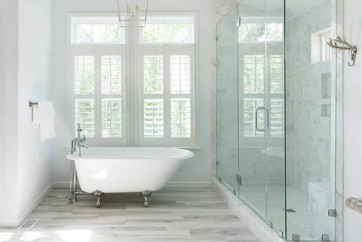 A picture of a beautiful renovated bathroom.